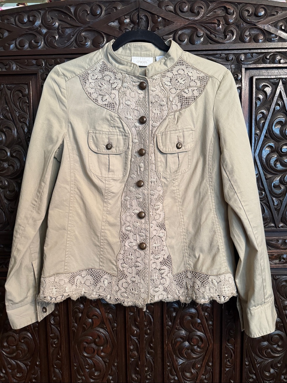 Chico's Tan Lace-Front Button Utility Jacket Size 0